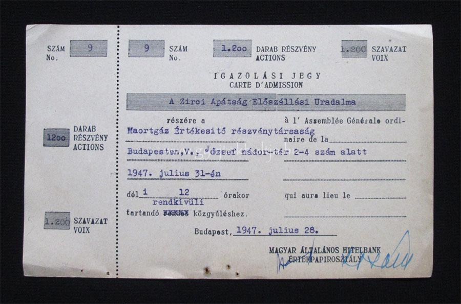MAORTGÁZ Értékesítõ Rt. közgyûlés igazolási jegy 1947
